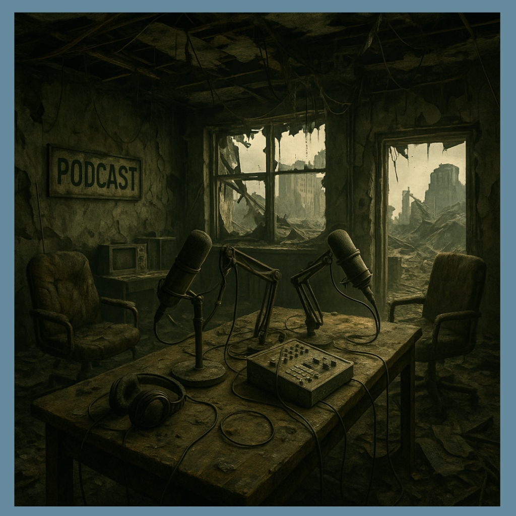 A podcast room with the windows smashed, overlooking a desolate world. Inside the room is a few microphones, two chairs, and a desk. There are no awards here.