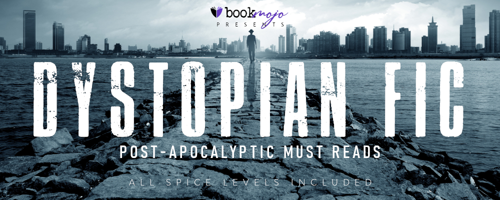 A picture of city landscape and a person walking on a pathway over the harbour with the words Dystopian Fic, Post-Apocalyptic Must reads. By bookmojo