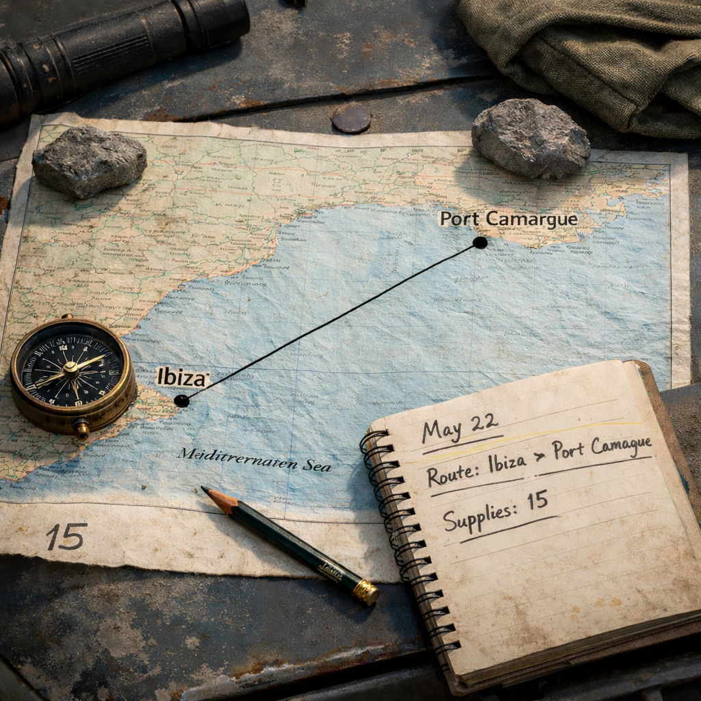 Weathered Mediterranean map on a car hood showing a route from Ibiza, Spain to Port Camargue, France with compass, pencil, and notebook dated May 22.