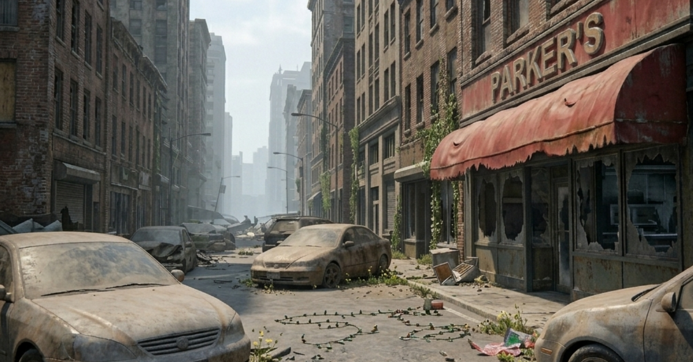 Parker's diner after the apocalyptic event happened. Torn red awning, smashed windows, and abandoned cars. Someone took the Christmas tree and left the lights.