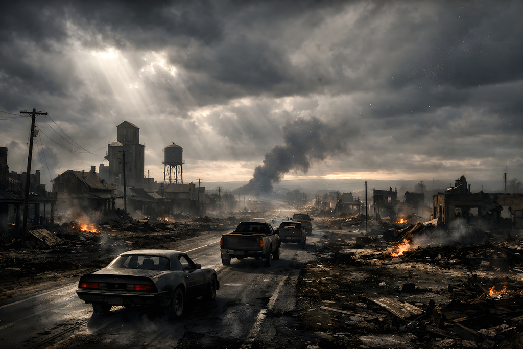 Vehicles travel through the burned ruins of a small town after widespread destruction.