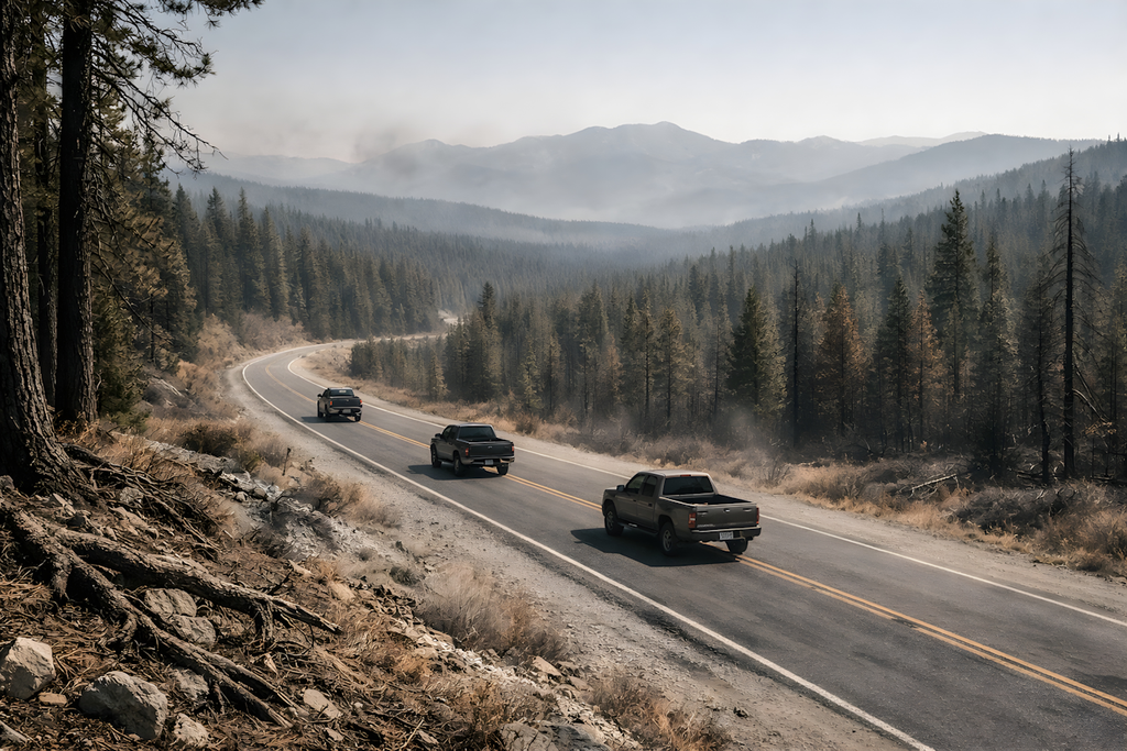 Three pickup trucks travel a winding highway through forested mountains.